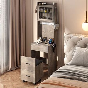 Compatto Mini angolo grigio Set di vanità piccolo spazio scaffali di stoccaggio luci LED stazione di ricarica nascosto sgabello trucco vanità - Product Image 2