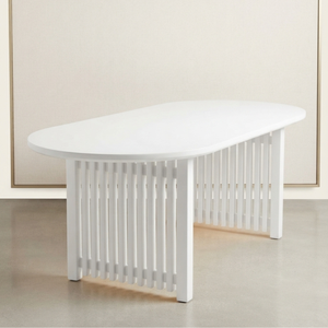 Table à manger ovale moderne en bois massif avec base à lattes, mobilier minimaliste pour café, restaurant et maison - Product Image 2
