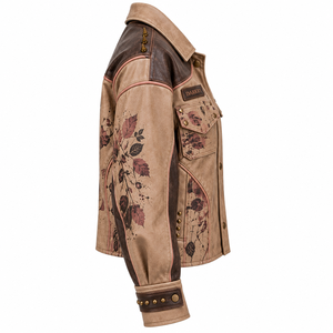 Chaqueta de cuero genuino beige para mujer, estilo motero, con estampado floral personalizado, botones a presión, bolsillos con solapa y detalles de púas, de fábrica. - Product Image 3