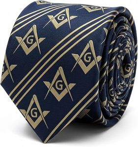 Cravate maçonnique avec motif carré et boussole et rayures dorées [Bleu marine et or] - Product Image 1