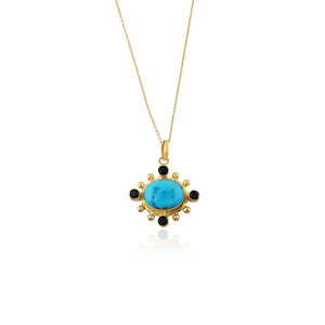 Pendentif ovale en pierre turquoise bleue avec quartz noir, plaqué or 18 carats, bijoux bohèmes, collier en laiton, fournisseur en gros - Product Image 1