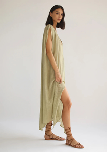 เดรสผ้าฝ้ายสีเขียวมะกอกทรงยาวสำหรับผู้หญิง แบรนด์ OEM เอวธรรมชาติ สายคาดเอวรักษ์โลก คอวีลึก สไตล์โบฮีเมียน ช่วงฤดูร้อน ผ่าหน้า - Product Image 2