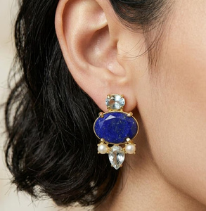 Pendientes llamativos de perlas de topacio azul lapislázuli chapados en oro, base de latón, estilo bohemio, joyería llamativa para mujer - Product Image 4