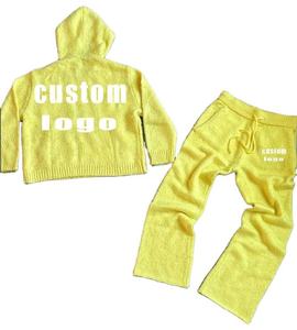high quality Men's Mohair Sweater Sets Fuzzy Mohair Flared Sweatpants and Hoodie Set Winter Knitted Mohair Sweater Tracksuit - Product Image 5