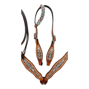 Manaal Enterprises - Juego de Cabezada y Pechopetral de Cuero Genuino Estilo Western con Diseño de Cabeza de Caballo y Cuerda de Amarre, con Hebilla Ajustable para Montar a Caballo - Product Image 6