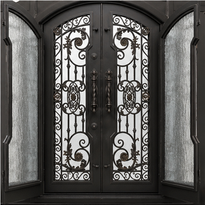 Puerta de Entrada Doble de Hierro Forjado Arqueada de Lujo con Vidrio Esmerilado Decorativo y Diseño de Seguridad para Villa - Product Image 3