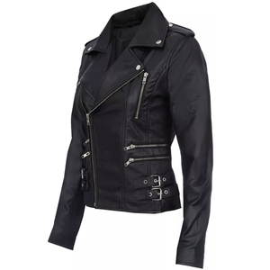 Women's Black Soft Multi-Zip Breathable Windproof High-Quality Nappa Leather Winter <b>Biker</b> <b>Jacket</b> - Product Image 2