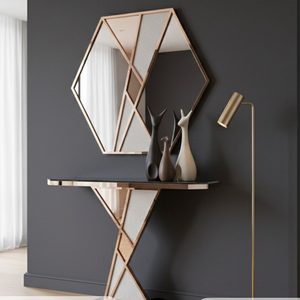 Espejo con marco de acero inoxidable 304 con acabado PVD de diseño impresionante y mesa consola con laminado de tela, perfecto para su sala de estar o área de vestidor. - Product Image 3