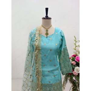 Ensemble de vêtements de soirée pour femmes de créateur avec haut brodé Sarara Dupatta - Product Image 2