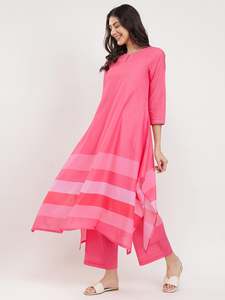Robe maxi asymétrique rayée rose avec manches trois quarts, col rond, coupe ample, tenue décontractée d'été, tissu en mousseline de soie tissée - Product Image 1