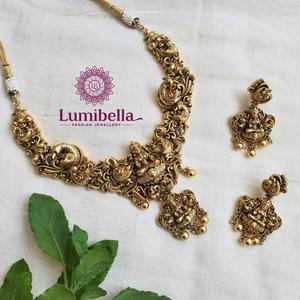 Antique Nakshi Women's Gold Plated Brass Necklace and Earring Set-Wedding Fashion Jewelry - Product Image 1