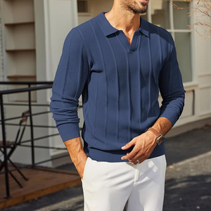 เสื้อโปโลแขนยาวถักสำหรับผู้ชาย สีพื้น ผ้าโพลีเอสเตอร์ 100% แขนยาว ปลายแขนแบบริบ เหมาะสำหรับใส่ลำลองในฤดูใบไม้ร่วง - Product Image 4