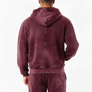 Sweat-shirt à capuche zippé pour homme en molleton 100% coton bordeaux anti-plis avec cordon de serrage et poche kangourou - Product Image 4