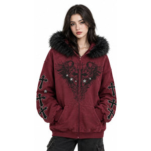 Sudadera con capucha gótica para mujer con cremallera, capucha de piel sintética, estampado de cruz, manga larga, chaqueta de invierno, ajuste regular, de algodón tejido - Product Image 2