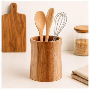 Porte-ustensiles en bois d'acacia naturel de qualité supérieure, grande capacité, organisateur de comptoir de cuisine en bois courbé, support de rangement pour outils de cuisine - Product Image 2