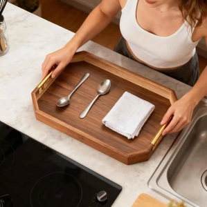 Octagonal Wooden Serving Tray With Handles Anti Spill <b>Coffee</b> <b>Table</b> Breakfast Serving Tray wooden utility tray - Product Image 4