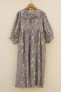 Ethnic White Floral Hand Print Purple Cotton Midi <b>Dress</b> With Tie Neck Puff Sleeve <b>Loose</b> Fit Casual Summer <b>Dress</b> For Women - Product Image 3