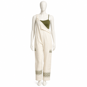 Mono de Lino para Mujer, Blanco, Pierna Ancha, Bordado, Estilo Boho, Hombro Asimétrico, Informal, para Vacaciones y Playa | Conjunto de Verano - Product Image 1