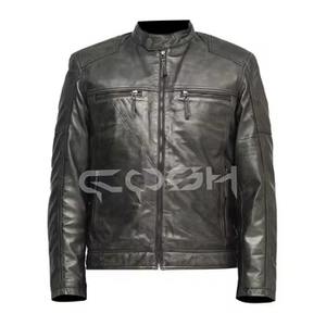 เสื้อแจ็คเก็ตหนังสีดำสไตล์คาเฟ่เรเซอร์สำหรับผู้ชาย พร้อมกระเป๋าซิปและปกเสื้อแบบกระดุม - Product Image 1