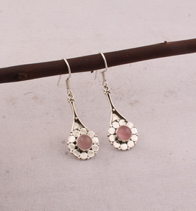 Wholesale Engagement 925 Sterling <b>Silver</b> Natural Rose Quartz <b>Dangle</b> <b>Earrings</b> Vintage Handcrafted Flower Petal Frame Teardrop - Product Image 2