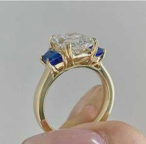 3CT Radiant Cut Moissanite Three Stone Ring Side Blue Trapezoid original 925 Silver Fine Anniversary Promise <b>Gift</b> Jewelry <b>Her</b> - Product Image 5