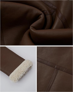Women's Faux Shearling Cafe Racer Moto <b>Jacket</b> Thick Fur Lined Genuine <b>Leather</b> Coat Breathable Lightweight <b>Winter</b> Outerwear - Product Image 5