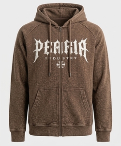 Peaceia Men's Brown <b>Zip</b>-Up Hoodie Casual <b>Front</b> Logo Print Regular Fit Fleece Fabric Winter Wear Polyester/Cotton ODM - Product Image 1