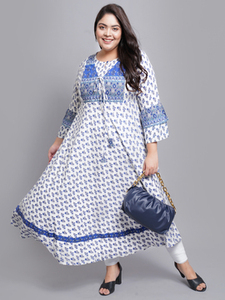 ชุดเดรส Anarkali Kurta สีขาว ผ้าวิสโคสเรยอน พิมพ์ลายดอกไม้ แขนยาว คอกลม ไซส์ใหญ่ สำหรับผู้หญิง สไตล์ชาติพันธุ์ ขายส่ง - Product Image 1