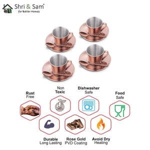 4 PCS Ensemble de tasses et soucoupes en acier inoxydable à double paroi avec finition PVD or rose et laser pour le service de boissons - Product Image 3