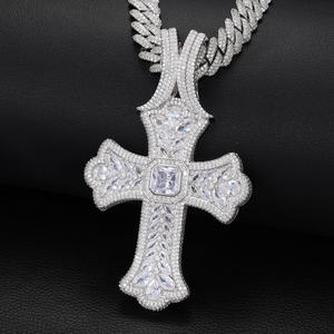Pendentif Croix Iced Out en Moissanite Diamant, Chaîne Cubaine en Argent 925, Bijoux Hip Hop - Product Image 1