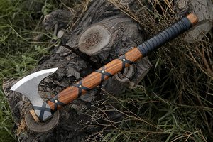 Handmade <b>Axe</b> Carbon Steel Blade Wood <b>Handle</b> With Leather Sheath Outdoor Knife - Product Image 5