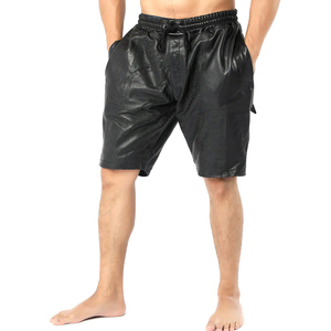 Men's Black PU Coated Bermuda Shorts Drawstring Waist Breathable Mesh Panels Casual Style With Pockets Mid Rise Woven Fabric - Product Image 3