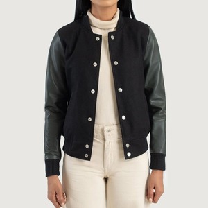 Black Breathable Embroidered Knitted Varsity <b>Jacket</b> PU <b>Leather</b> Sleeves Button Front Stand Collar Casual Regular Fit Autumn Wear - Product Image 1