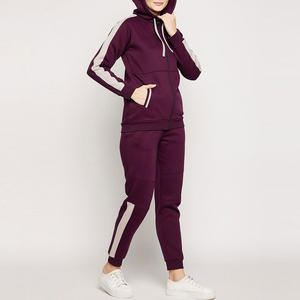 Women Purple Full <b>Zip</b> <b>Hooded</b> Tracksuit Set Solid Color Casual With Side Pockets Drawstring Closure Regular Fit Autumn Wear - Product Image 4