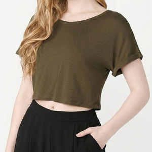 T-shirt court personnalisé à col rond en coton et élasthanne tricoté respirant pour femme avec imprimé - Product Image 1