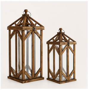Wooden Candle <b>Lantern</b> <b>Set</b> of 2 Farmhouse Decorative Glass Hurricane <b>Lantern</b> with Metal Top for Wedding Centerpiece Home Decor - Product Image 3