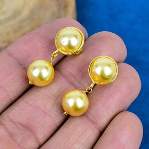 Handmade Golden Pearl Round Shape Gemstone Dangle <b>Stud</b> Earrings 18k Gold Micron Over 925 <b>Sterling</b> <b>Silver</b> - Product Image 3