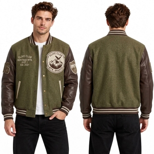 Chaqueta de lana verde oliva con contraste en el torso, parche bordado en el pecho, a prueba de viento, de alta calidad, para invierno, estilo Letterman. - Product Image 1