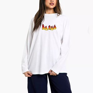 Cheap Price Women's White Long Sleeve T-<b>Shirt</b> Crew Neck Loose Fit <b>Flame</b> Logo Print 100% Cotton Jersey Casual All Seasons - Product Image 4