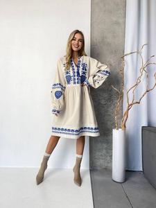 Vestido Mini Azul Oceánico Vintage con Bordado, Cuello en V, Manga Larga, Holgado, Casual, de Verano para Mujer - Product Image 1