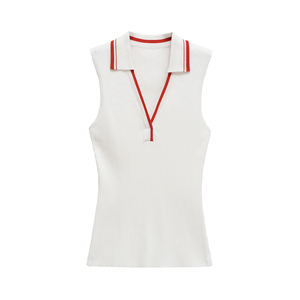 Chaleco de punto acanalado sin mangas para mujer, estilo polo, cuello vuelto, camiseta sin mangas de algodón a rayas - Product Image 4