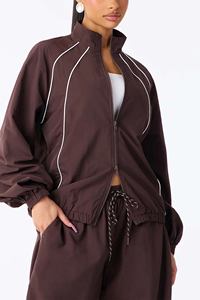 Women's brown windbreaker Waterproof Tracksuit set <b>Zipper</b> <b>Top</b> Jacket loose Pants white line piping windbreaker set modern women - Product Image 6