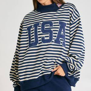 Sudadera de cuello alto con logo personalizado al por mayor para mujer, con rayas, lunares y letras bordadas, de manga larga y corte oversize - Product Image 5