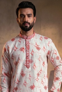 <b>Men</b> White Red Printed <b>Kurta</b> Pajama Set Regular Fit Traditional Indian Pakistani Knee-Length Cotton Casual Wear - Product Image 4