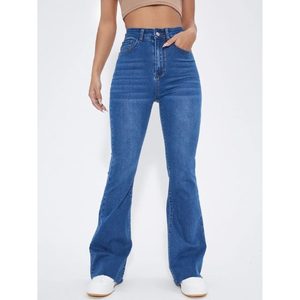 Jean en denim évasé style rétro vintage bleu pierre pour femme, respirant, écologique, mignon, 100 % coton, taille haute - Product Image 2