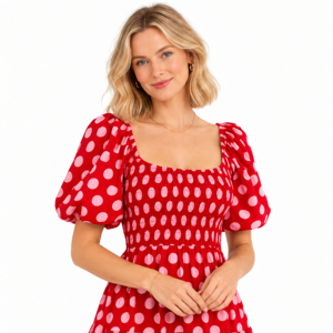 Vestido largo escalonado de lunares rojos y rosas para mujer con cuello cuadrado, mangas cortas abullonadas y corpiño fruncido - Product Image 6
