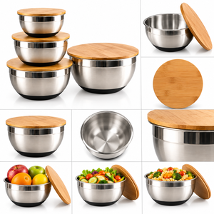 Stainless Steel <b>Mixing</b> Serving <b>Bowl</b> <b>With</b> Bamboo <b>Lid</b> Polished Fruit Salad <b>Bowl</b> for Kitchen Counter - Product Image 3