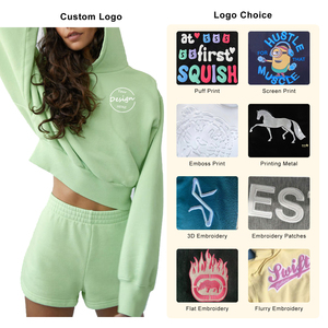 Conjunto de Dos Piezas para Mujer, Sudadera Corta con Capucha y Pantalones Cortos, Ropa Deportiva Informal de Felpa, Corte Holgado - Product Image 6