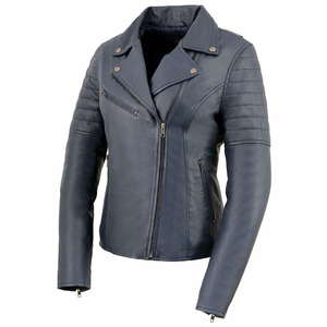 Women's Gray Genuine Leather Biker Jacket with Asymmetrical Zipper, Quilted Sleeves and Lapel Collar for Fashion Wear Wholesale - Product Image 2
