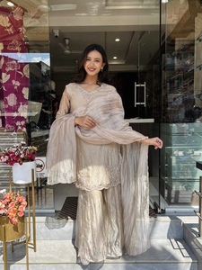 Designer Heavy <b>Tissue</b> Silk Embroidered Three Piece Palazzo Suit With Gota Patti Dupatta Eid Party <b>Wedding</b> Festive Wear Set - Product Image 3